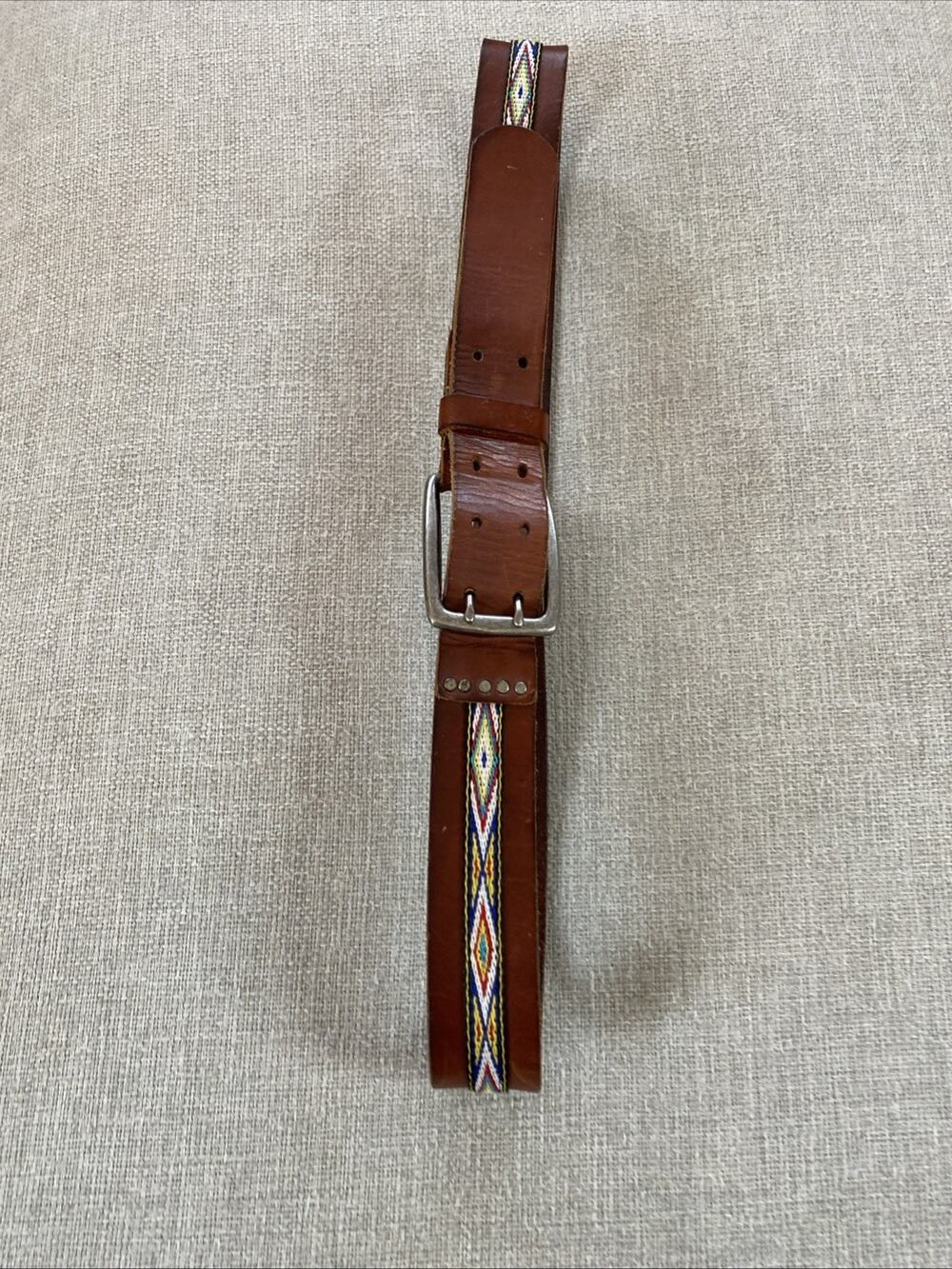 Vintage Leather‎ Brown Belt 37” Embroidered Colorful Woven Hippie Ethnic